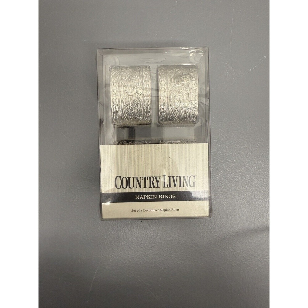 New Set of 4 Country Living Silver Color Embossed Metal Napkin Rings Vintage #20